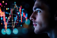 Profile view of young male trader analyzing financial market data with glowing charts and bokeh lights in dark background for business analytics.
