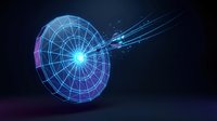 Futuristic holographic target with glowing blue energy beams and digital grid pattern on dark background for technology and innovation concepts.