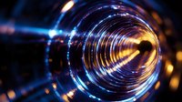 Glowing spiral tunnel with blue and golden light effects creates futuristic technological atmosphere. Abstract background with dynamic motion blur and depth perspective.