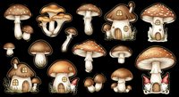 Watercolor mushroom clipart set with fairy houses and gnomes, isolated on transparent background. Great for stickers, t-shirt design, print on demand, and sublimation.