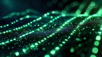 Abstract digital wave pattern with glowing green dots and lines on dark background, representing technology, data flow, and futuristic concepts.