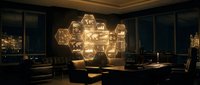Modern luxury office interior with geometric hexagonal pendant lights suspended above dark wooden desk, floor-to-ceiling windows overlooking city skyline at night, contemporary workspace design.