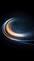 Dynamic spiral light trail with glowing orange and blue streaks against dark background, surrounded by sparkling particles creating motion effect.