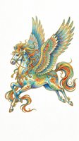 Ornate winged horse with intricate gold, blue, and turquoise decorative patterns, isolated on transparent background. Ready for t-shirt design, clipart, stickers, sublimation, and print-on-demand products.