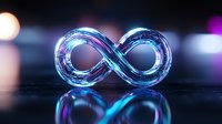 Glowing infinity symbol with futuristic digital elements and neon blue light effects reflecting on dark surface against blurred background with bokeh lights.