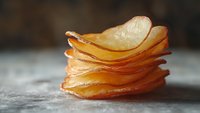 Thinly sliced translucent potato chips stacked in layers creating organic wavy pattern on gray surface, macro food photography with soft natural lighting.