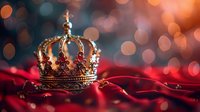 Golden royal crown with red gemstones resting on luxurious red velvet fabric against a bokeh light background.