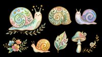 Cute snails clipart set with mushroom, flowers, and leaves, isolated on transparent background. Great for stickers, t-shirt design, print on demand, and sublimation.