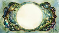 Ornate fantasy frame with mystical creatures and foliage in watercolor style. Decorative border featuring dragons, vines, and magical elements on textured background.