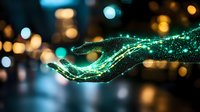 Glowing green digital hand silhouette made of luminous particles against blurred bokeh background, representing artificial intelligence and future technology.