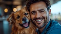 Cheerful Caucasian man with stubble wearing blue jacket embraces smiling brown mixed breed dog with blue eyes. Close up portrait showing bond between pet and owner.