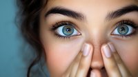 Young woman with bright blue eyes and well-groomed eyebrows covering mouth with manicured hands against turquoise background, expressing surprise or shyness.