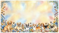 Adorable watercolor puppies border frame with floral elements and paw prints on soft pastel background for pet-themed designs and greeting cards.
