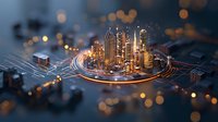 Futuristic smart city concept with glowing circuit paths and modern skyscrapers at night, bokeh light effects create magical atmosphere. Digital urban technology.