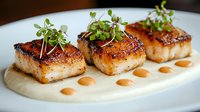Pan-seared scallops with microgreens garnish served on creamy sauce with decorative dots, close up view of gourmet seafood appetizer on white plate.