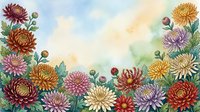Watercolor chrysanthemum garden border with colorful blooms in pink, red, yellow and purple on soft sky background for cards and prints.