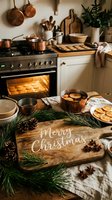 Cozy Christmas kitchen with wooden cutting board, Merry Christmas text, pine branches, pinecones, mulled wine, and cookies baking in oven.
