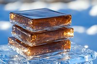 Stack of dark chocolate squares with caramel layers on crystal ice background with sunlight reflections creating luxurious confectionery composition.
