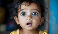 Surprised toddler with wide blue eyes and curly dark hair wearing yellow shirt against blurred background, expressing wonder and amazement.