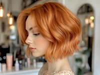 Young woman with wavy copper red bob hairstyle in profile view at beauty salon with soft bokeh lights background. Modern trendy haircut and color styling.