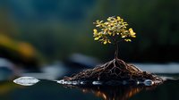 Small golden tree growing from soil mound in water, exposed root system visible, dark background with water reflection creates serene natural scene.
