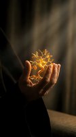 Human hands holding a glowing golden miniature tree of life with warm light rays in a dark mystical atmosphere.