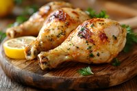 Juicy roasted chicken drumsticks seasoned with herbs and spices on wooden cutting board with fresh lemon slices and parsley garnish, close up view of grilled poultry.