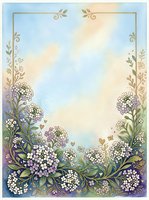 Watercolor floral frame with white and purple flowers on soft blue background for wedding invitations, greeting cards and romantic designs.