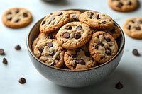 Fresh homemade chocolate chip cookies in gray ceramic bowl, crispy golden edges with gooey melted chocolate chips, classic comfort food dessert on light background.