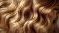 Close up of luxurious wavy blonde hair with golden highlights showing natural shine and professional styling texture, suitable for hair care and beauty advertising.