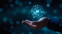 Business hand holding glowing AI symbol with digital particles effect on dark blue background with bokeh lights, representing artificial intelligence technology.