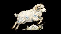 Leaping ram with decorative swirl patterns in soft blue and gold tones, isolated on transparent background. Great for clipart, stickers, t-shirt design, and print on demand.