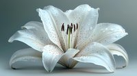 Pure white lily flower with delicate water drops and dark stamens on soft teal background, macro photography showing detailed petals and natural texture.