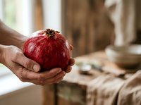 Fresh pomegranate held in hand against rustic kitchen background. Ripe red fruit ready for cooking, juice extraction, or healthy eating. Perfect for food, wellness, and culinary content.