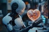 Futuristic android holding glowing heart shaped energy orb in cyberpunk laboratory setting, symbolizing artificial intelligence and emotional intelligence concept.