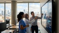 Young diverse team of professionals analyzing data on large interactive display in modern high-rise office with panoramic city skyline views, suitable for business, technology, and corporate training materials.