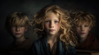Young blonde girl with curly hair flanked by two boys in dramatic lighting against dark background for storytelling and family concepts.
