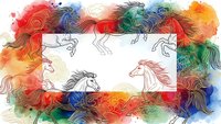 Colorful watercolor horse silhouettes frame with flowing manes in rainbow hues. Abstract equestrian border design for creative projects and artistic layouts.