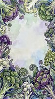 Watercolor illustration of purple and green cauliflower and broccoli arranged in a decorative border frame with flowing leaves and swirling stems on a soft pastel background, ideal for culinary designs and food-themed projects.