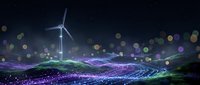Wind turbine generating clean energy with flowing digital data streams and glowing particles against starry night sky for renewable technology concepts.