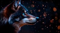 Majestic wolf head profile with glowing blue eyes against dark background with magical sparkles and bokeh lights creating mystical forest atmosphere.