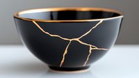 Black ceramic bowl repaired with gold kintsugi technique showing elegant cracks filled with golden lines against dark surface on white background.