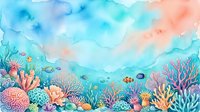 Vibrant underwater coral reef scene with tropical fish, sea anemones and marine life in watercolor style on white background for educational materials.