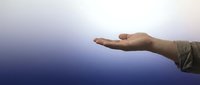 Open palm of a person with medium skin tone against a soft blue gradient background, conveying concepts of offering, support, care, and giving for business and wellness presentations.