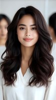 Young Asian woman with long wavy dark hair and natural makeup wearing white blouse smiling at camera, professional headshot style portrait with soft lighting.