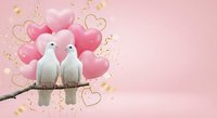 Two white doves perched on branch with pink heart balloons and golden confetti on soft pink background for romantic Valentine's Day celebration.