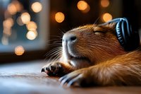 Relaxed ginger cat wearing headphones lying down with bokeh lights in background, close up view of nose and paw creating cozy atmosphere.