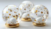 Elegant glass snow globes with golden star confetti inside, set on gold bases for festive holiday decorations.