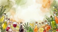 Watercolor cooking ingredients and herbs border frame with olive oil, wine, vinegar, citrus, garlic, and fresh botanicals on cream background. Culinary design element for food blogs, recipes, menus.