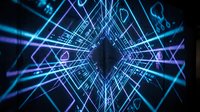 Futuristic digital tunnel with glowing blue neon lines and geometric patterns creating cyber space corridor for technology and sci-fi concepts.